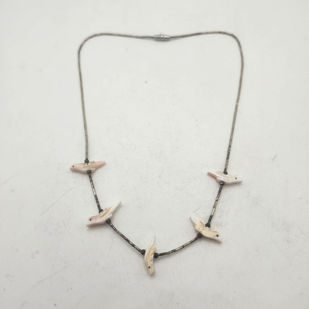 Sterling Silver Carved Shell Bird Station Necklace MOP Coastal Boho Beach Design